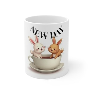 Ceramic Coffee Cups, 11oz, 15oz, bunny coffee mug, new day mug, unique rabbit blue mug, bunny lover present, ceramic bunny mug .