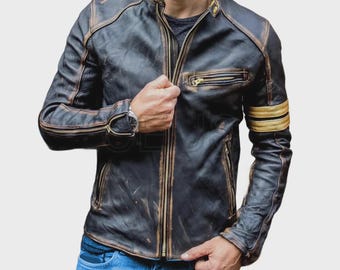 Herrjacka i slitet fårskinn med cafe racermönster – vintage bikerstil (finns även för barn)