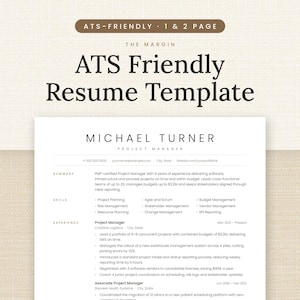Puede incluir: Una plantilla de currículum digital con el texto ATS-FRIENDLY 1 & 2 PAGE y ATS Friendly Resume Template. El documento muestra un perfil de ejemplo de un gestor de proyectos llamado Michael Turner con secciones de resumen, habilidades y experiencia.