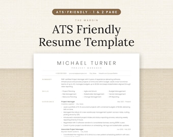 Könnte beinhalten: Eine digitale Lebenslaufvorlage mit dem Text ATS-FRIENDLY 1 & 2 PAGE und ATS Friendly Resume Template. Das Dokument zeigt ein Beispielprofil eines Projektmanagers namens Michael Turner mit Abschnitten für Zusammenfassung, Fähigkeiten und Erfahrung.
