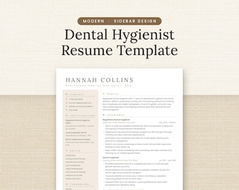 Könnte beinhalten: Eine Lebenslaufvorlage für Dentalhygieniker mit modernem Seitenleistendesign. Das Dokument enthält Abschnitte für Kontaktinformationen, Zertifizierungen, Fähigkeiten, Technologie, Profil und Erfahrung, mit dem Namen Hannah Collins oben.