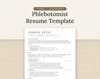 Vorlage für einen Lebenslauf als Phlebotomist, ATS-optimierter Lebenslauf für Word und Google Docs, 1- und 2-seitiger medizinischer Lebenslauf mit Anschreiben
