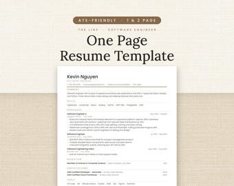 Plantilla de currículum de una página, currículum de ingeniero de software compatible con ATS para Word y Google Docs, currículum de desarrollador de 1 y 2 páginas.