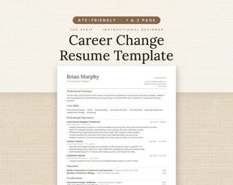 Plantilla de currículum para cambio de carrera, currículum de profesor a diseñador instruccional compatible con ATS, Word y Google Docs, 1 y 2 páginas.