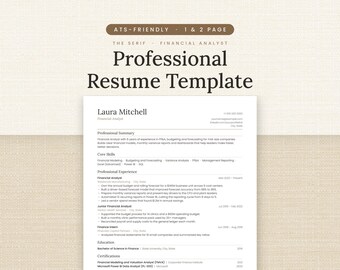 Professional Resume Template, ATS Friendly Financial Analyst Resume for Word and Google Docs, 1 and 2 Page Resume with Cover Letter