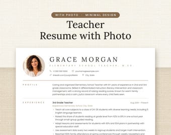 Könnte beinhalten: Eine professionelle Lebenslaufvorlage mit dem Titel Teacher Resume with Photo in minimalistischem Design. Das Dokument enthält ein kreisförmiges Porträtfoto, Kontaktinformationen, einen beruflichen Profilbereich und einen Erfahrungsbereich für Lehrkräfte.