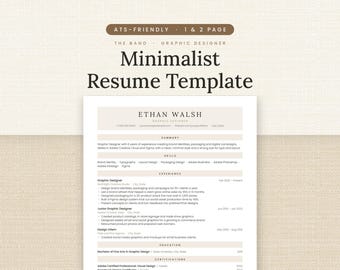 Plantilla de currículum minimalista, currículum de diseñador gráfico compatible con sistemas ATS para Word y Google Docs, currículum de 1 y 2 páginas con carta de presentación.