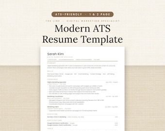 Modern ATS Resume Template, Digital Marketing Resume for Word and Google Docs, 1 and 2 Page Marketing Resume with Cover Letter