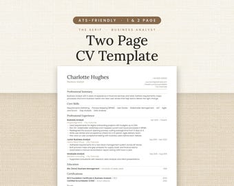 Business Analyst CV Template, ATS Friendly Two Page Curriculum Vitae for Word and Google Docs, British Format with Cover Letter