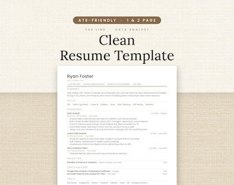 Clean Resume Template, ATS Friendly Data Analyst Resume for Word and Google Docs, 1 and 2 Page Resume with Cover Letter