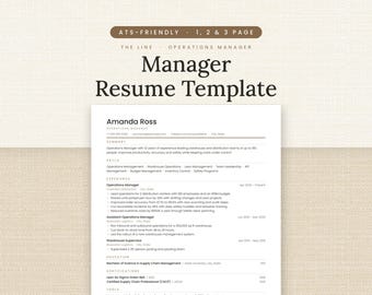 Plantilla de currículum para gerente, currículum de gerente de operaciones compatible con ATS para Word y Google Docs, currículum de 1, 2 y 3 páginas con carta de presentación.