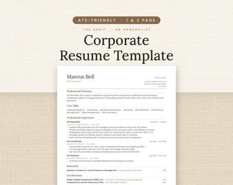 Plantilla de currículum profesional, currículum de generalista de RRHH compatible con sistemas ATS para Word y Google Docs, currículum de 1 y 2 páginas con carta de presentación.