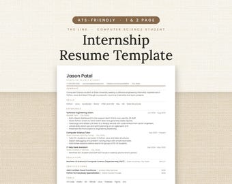 Internship Resume Template, ATS Friendly Computer Science Student Resume for Word and Google Docs, 1 and 2 Page Resume