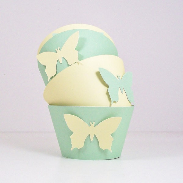 Butterfly Cupcake Wrappers - Pale Green and Pastel Yellow with  Butterflies Spring Sale 15% Off