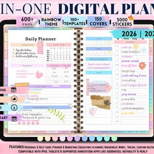 May include: Digital planner with a rainbow theme, 600+ pages, 100+ templates, 150 covers, and 5000 stickers. Features include calendar integrations, easy use, and instant download. Includes daily planner pages for 2026, 2027, and 2028.