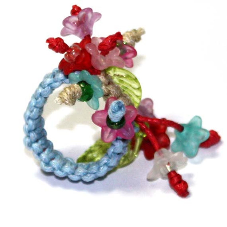 Blue and multicolor flowers Ring gift idea for Woman girl Big ring Birthday present floral ring Unique design Trend Fashion Ring adjustable