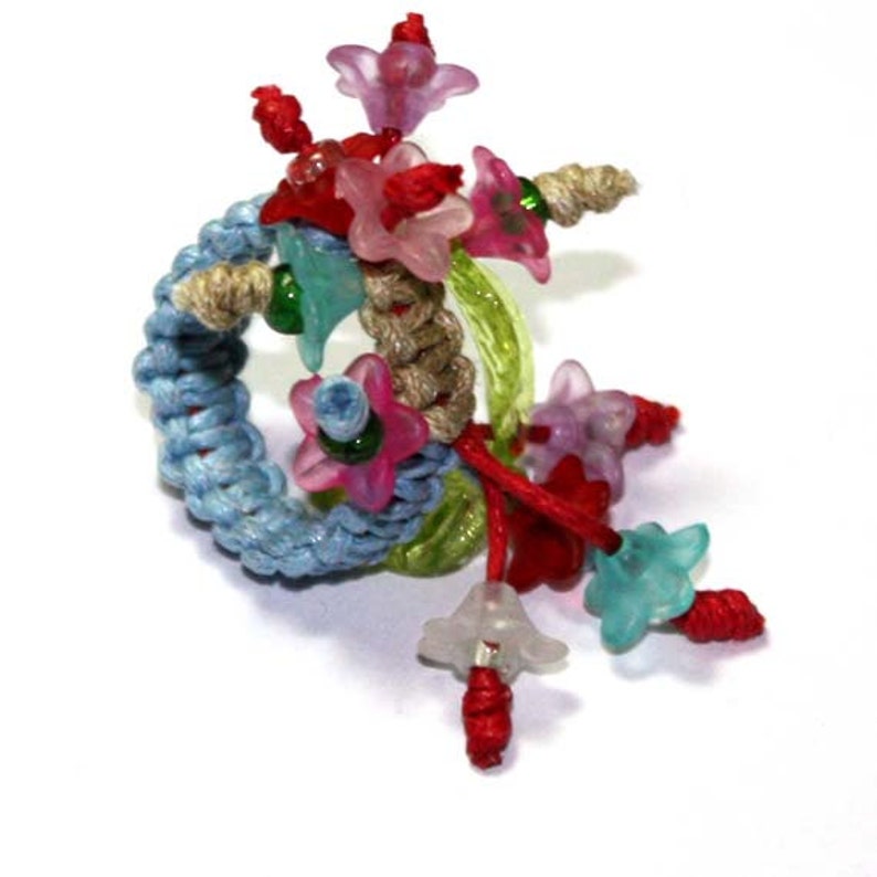 Blue and multicolor flowers Ring gift idea for Woman girl Big ring Birthday present floral ring Unique design Trend Fashion Ring adjustable
