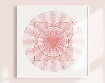May include: A red and white geometric mandala with a triangle in the center. The mandala is surrounded by a circle of wavy lines.