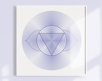 May include: A blue and white geometric design with a triangle in the center and concentric circles radiating outward. The design is on a white background with a subtle speckled texture.