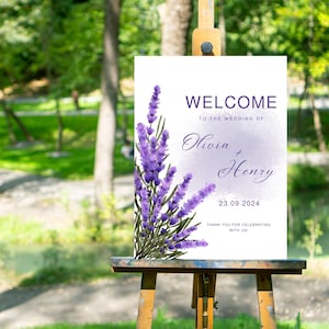 Editable Lavender Wedding Sign, Canva Welcome Poster Template, Printable Wedding Decor, Digital Floral Sign, Custom Name Sign