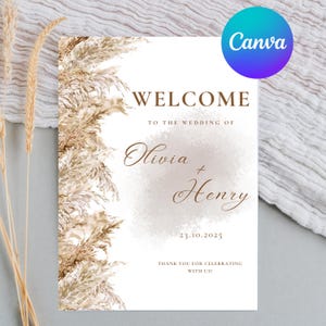 Editable Boho Pampas Wedding Sign, Canva Welcome Poster Template, Printable Wedding Decor, Digital Printable Sign, Custom Name Sign