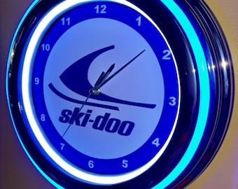 Ski Doo Snowmobile Garage Bar Man Cave Blue Neon Style LED Retro Wall Clock Advertising Sign