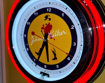 Reloj de pared retro con publicidad de neón rojo de Johnny Johnnie Walker, bar de whisky escocés, cueva de hombre