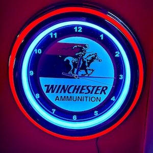 Winchester Ammunition Rifle Shotgun Firearms Hunting Lodge Bar Man Cave Red Neon Style LED Retro Wall Clock Advertising Sign