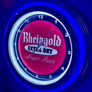 Rheingold Beer Bar Man Cave Blue Neon Style LED Retro Wall Clock Advertising Sign
