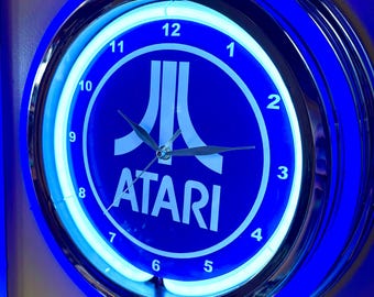 Atari Video Game Arcade Bar Man Cave Blue Neon Style LED Wall Clock