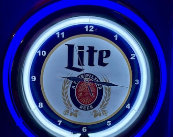 Miller Lite Beer, Neon Wall Clock 16” With Double Neon, Oil