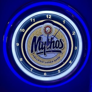 Mythos Greek Beer Logo Bar Man Cave Blue Neon Style LED Retro Wall Clock Advertising Sign