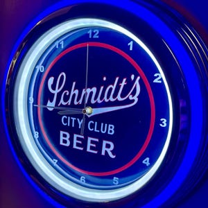 Schmidt’s City Club Beer Bar Man Cave Blue Neon Style LED Retro Wall Clock Advertising Sign