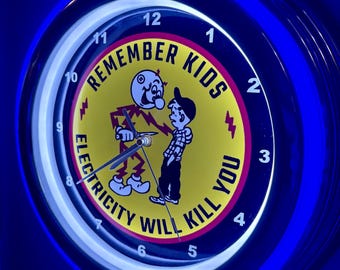 Reddy Kilowatt Electricity Kills Electrician Sparky Garage Shop Bar Man Cave Blue Neon Style LED Retro Wall Clock Advertising Sign