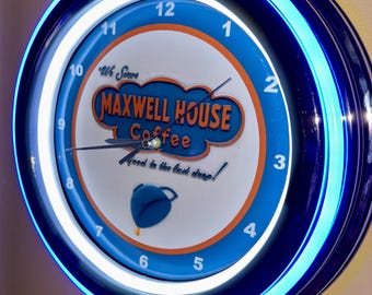 Maxwell House Coffee Shop Grocery Store Restaurant Diner Kitchen Bar Blue Neon Style LED Retro Wall Clock Advertising Sign