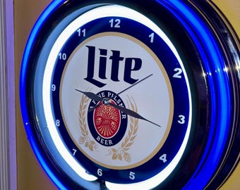 Miller Lite Beer Bar Man Cave Blue Neon Style LED Retro Wall Clock