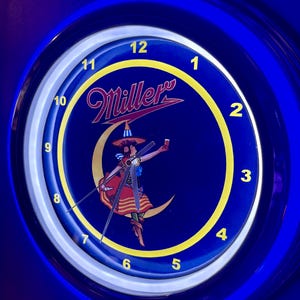 Miller High Life Gitl on Moon Beer Bar Man Cave Blue Neon Style LED Retro Wall Clock Advertising Sign