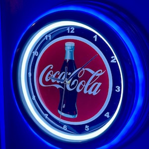 Coca Cola Bottle Coke Soda Fountain Diner Kitchen Bar Man Cave Blue Neon Style LED Retro Wall Clock Advertising Sign