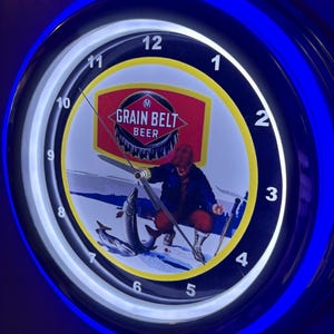 Grain Belt Ice Fishing Beer Bar Man Cave Blue Neon Style LED Retro Wall Clock Advertising Sign