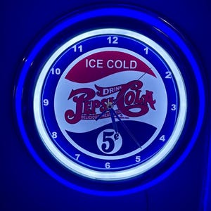 Pepsi Cola Ice Cold Soda Fountain Diner Kitchen Bar Man Cave Blue Neon Style LED Retro Wall Clock Advertising Sign