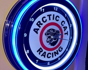 Arctic Cat Snowmobile Garage Bar Man Cave Blue Neon Style LED Retro Wall Clock Advertising Sign