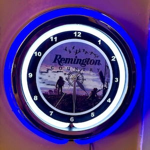 Remington Firearms Shotgun Duck Hunting Gun Store Bar Man Cave Blue Neon Style LED Retro Wall Clock Advertising Sign