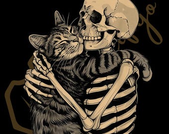 Halloween Cat and Skeleton Hug Clipart, Funny Fall Pet Lover Art (Digital Download)