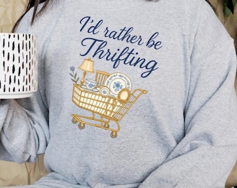 I’d Rather Be Thrifting PNG, thrift aesthetic shirt design, blue and gold vintage decor cart, retro thrifting graphic,boutique style digital