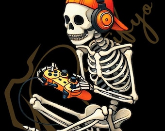 Halloween Skeleton Gamer PNG, Funny Spooky T-Shirt Design (Digital Download)