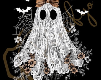 Kwiatowy koronkowy duch PNG, projekt boho na Halloween (pobranie cyfrowe)