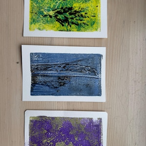 Set of 3 Handmade Monoprint Postcards – Original Acrylic Art on Paper