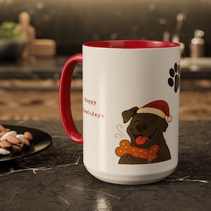 Dog with Santa Hat and Paw Prints Mug | Ceramic Coffee Cup Happy Howlidays