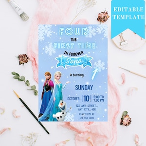 Invitación de cumpleaños de Frozen Four: La primera vez en la eternidad. Invitación de cumpleaños de Frozen 1.º. Invitación editable para fiesta infantil de cuarto año. Tema de Elsa y Anna.