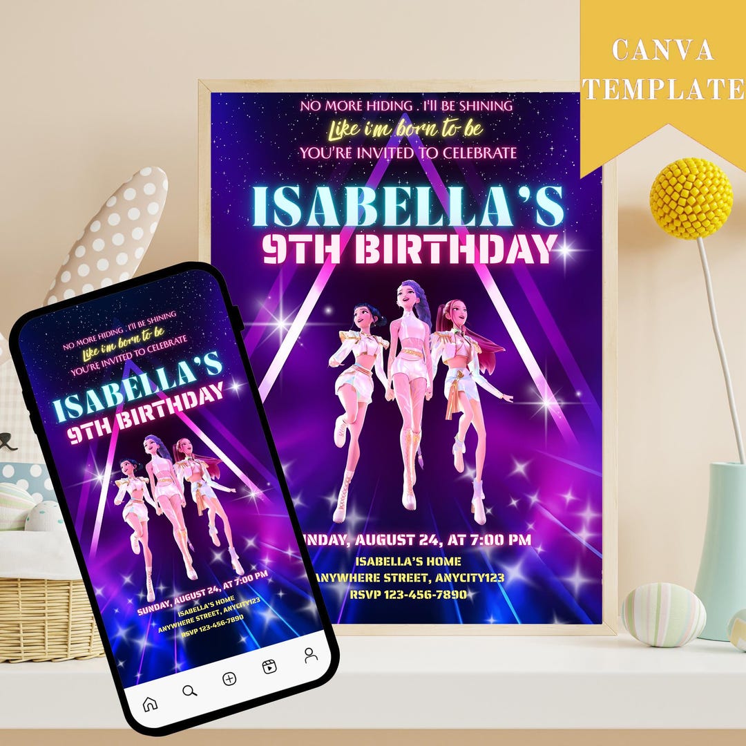 KPOP Demon Hunters Birthday Invitation, Kpop Anime Invite, Huntrix ...